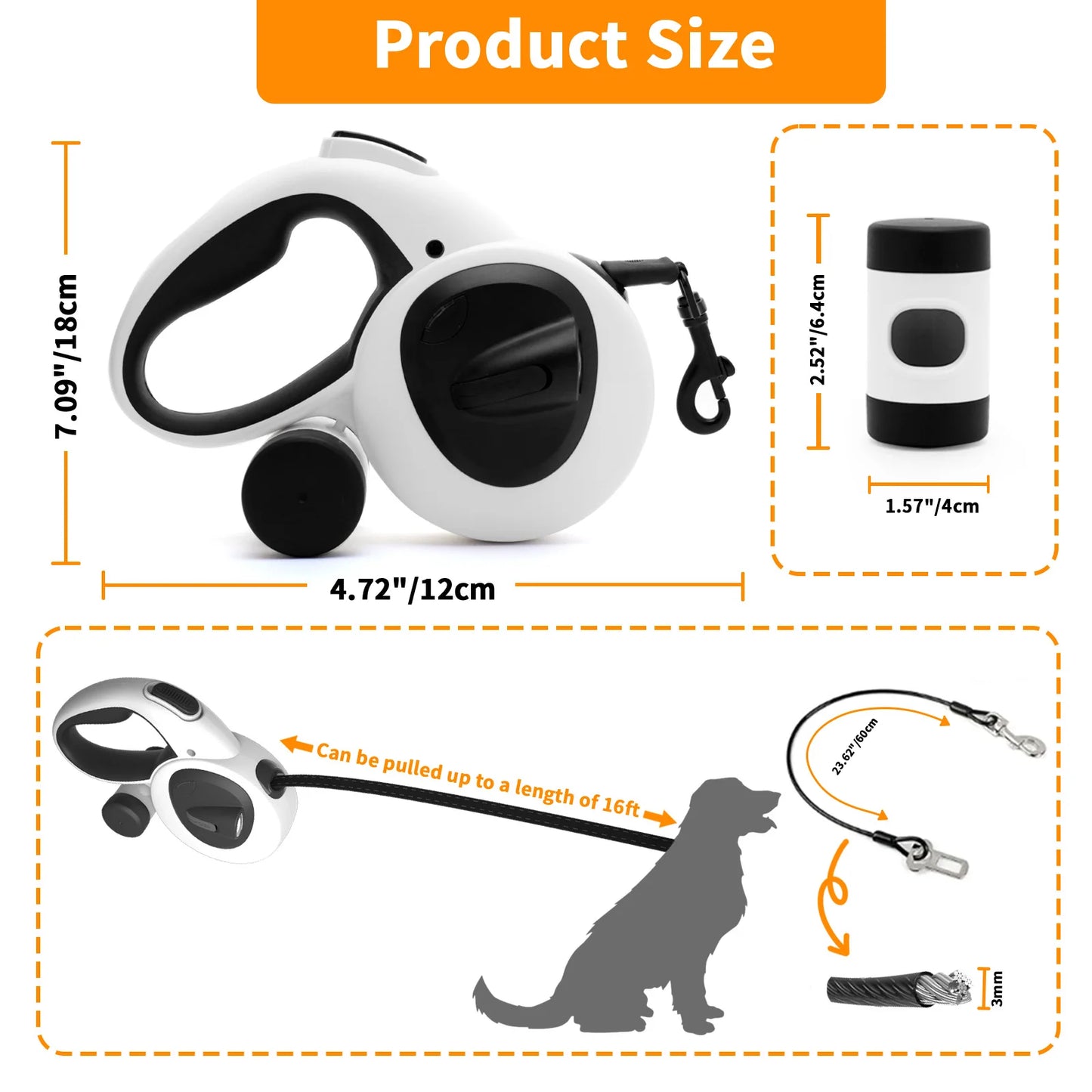 Laisse rétractable pour chien avec lumière LED rechargeable par USB, plomb pour chien robuste, support de sac pour merde, câble en acier, 16 pieds