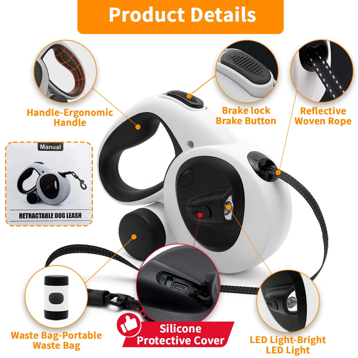 Laisse rétractable pour chien avec lumière LED rechargeable par USB, plomb pour chien robuste, support de sac pour merde, câble en acier, 16 pieds