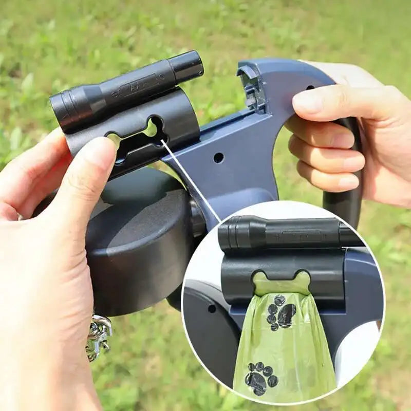 Laisse rétractable automatique à Double extrémité pour chien, 3m, avec lampe de poche LED, boîte à déchets, Roulette, corde de Traction Double à 360 degrés, fournitures pour animaux de compagnie